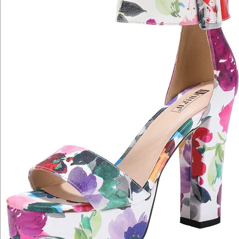 Floral platform Chunky High Heel Sandals ankle strap size 7 bright Spring